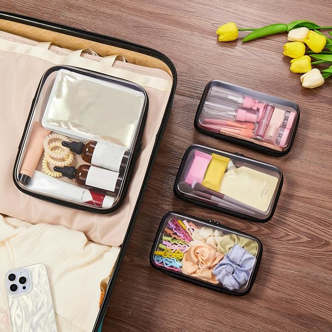 4 pcs Clear Zipper Pouches,Hard Shell Zipper Case, Toiletry Bag for Travel | CLear Diaper Bag, Toiletry Pouch, Travel Organizer, Cosmetic Bag,Toy Storage Bins (M+3S)(Black) - Image 6