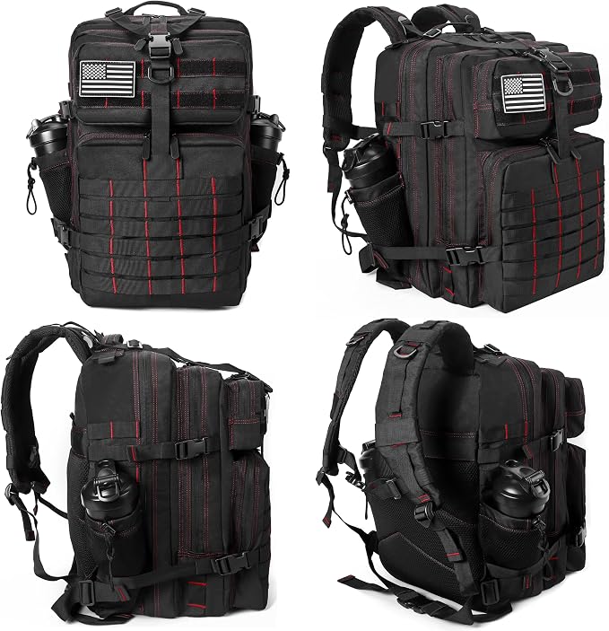 LHI Military Tactical Backpack for Men and Women 45L Army 3 Days Assault Pack Bag Large Rucksack with Molle System - Black With Red Line - Image 2