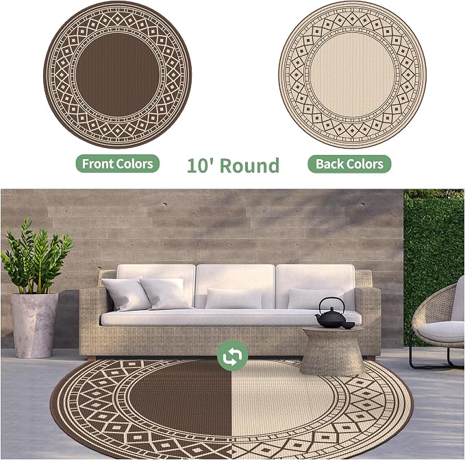 GENIMO Outdoor Rug, Waterproof Plastic Rugs for Patio, 10' Round Coffee Beige - Image 3
