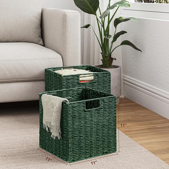 Vagusicc Wicker Storage Basket, Set of 2 Hand-Woven Paper Rope Wicker Baskets, Foldable Cube Storage Bins, Square Storage Baskets for Organizing Shelves & Decor, Green (11″×11″×11″) - Image 8