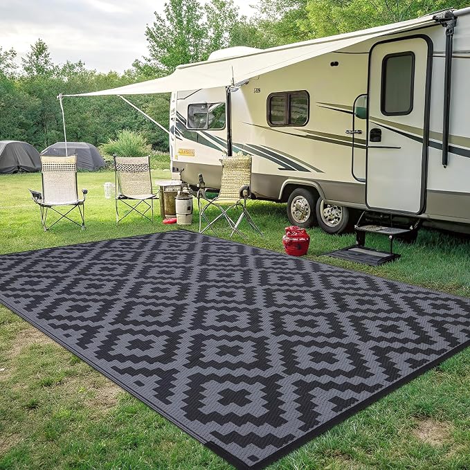 Smiry Waterproof Outdoor Rug 8x10 ft, Reversible Plastic Straw Patio Camping Rugs, Outdoor Indoor RV Mat Carpet for Patio, Outside Entry, Backyard, Deck, Bench, Picnic, Camper, Black & Grey - Image 7