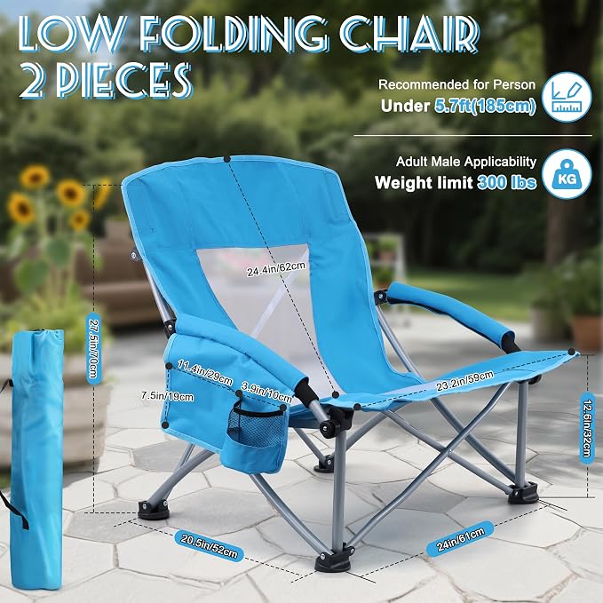 HaSteeL Low Beach Chairs for Adults, Lightweight Camping Folding Chair with Carrying Bag, Portable for Outdoors Lawn Backyard Patio RV Trip Fishing Sport Tailgating, Support 300LBS, Blue, 2 Pack - Image 2