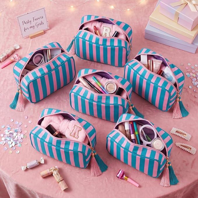 Kacctyen 6 Pack Blue and Pink Striped Makeup Bag bulk with Tassel Travel Cosmetic Pouch Organizer Large Zipper Toiletry Case for Women Aesthetic Storage Pouch Mahjong Tile Bag - Image 4