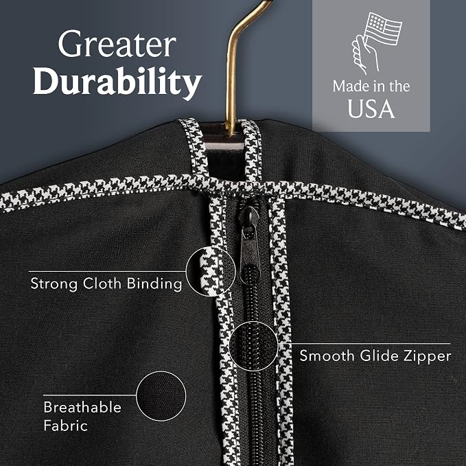 60" Luxury Fur Coat Cotton Blend Cloth Garment Bags for Travel & Hanging Clothes (Black-Houndstooth Trim) - Suit Covers Garment Bag for Men & Women Dress Bag - Closet Storage Suit Bag, Coat Storage - Image 5