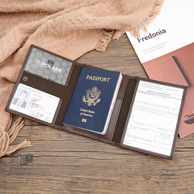 Polare Napa Leather Pilot Wallet Passport Holder RFID Blocking Tri-fold Travel Cover Document Organizer for Aviation Professionals (Coffee with AirTag Slot) - Image 9