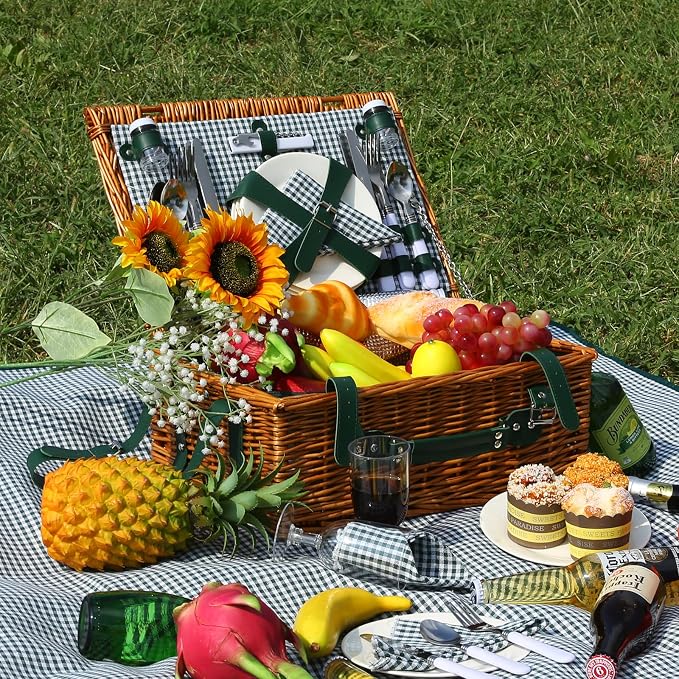 Picnic Basket Set for 4 with Waterproof Blanket Mat Insulation Bag Wicker Green Plaid Classic Cottagecore Gift for Christmas Thanksgiving Wedding Birthday Camp Outdoor Beach Travel - Image 2
