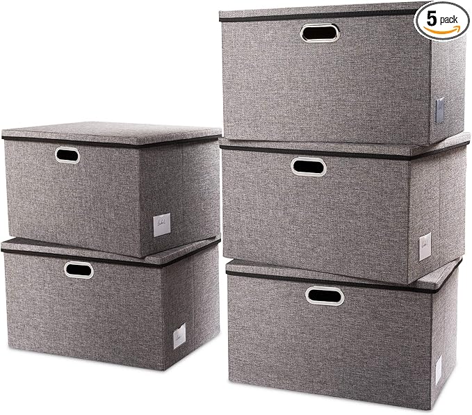 PRANDOM Extra Large Collapsible Storage Bins with Lids [5-Pack] Linen Fabric Foldable Storage Baskets Boxes Organizer Containers Cube with Cover for Bedroom Closet Office Nursery (22.8x15.75x13.8) by Prandom