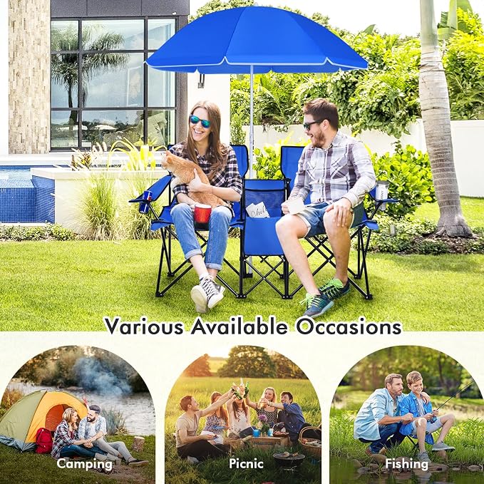 Goplus Double Camping Chair with Umbrella, Folding Loveseat Chairs w/Canopy Shade, Carrying Bag, Table, Cup Holder, Portable Beach Chairs Outdoor Picnic Patio (Blue) - Image 9