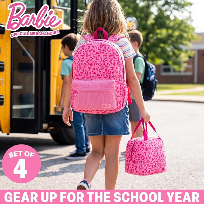 Get Trend Barbie Girls Corduroy Backpack 4 Piece Set | 17 inch Bookbag with Laptop Pocket, Insulated Lunch Bag, Pencil Case & Lanyard, Back to School Gifts for Girls - Image 2