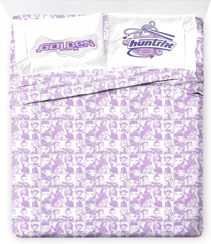 Jay Franco Kids Sheet Set with Fitted, Flat Sheets & Pillow Cover - Ultra-Soft Bedding with Pillowcase for Room Decor, White - Kpop Demon Hunters, 4 Piece Queen by JayFranco