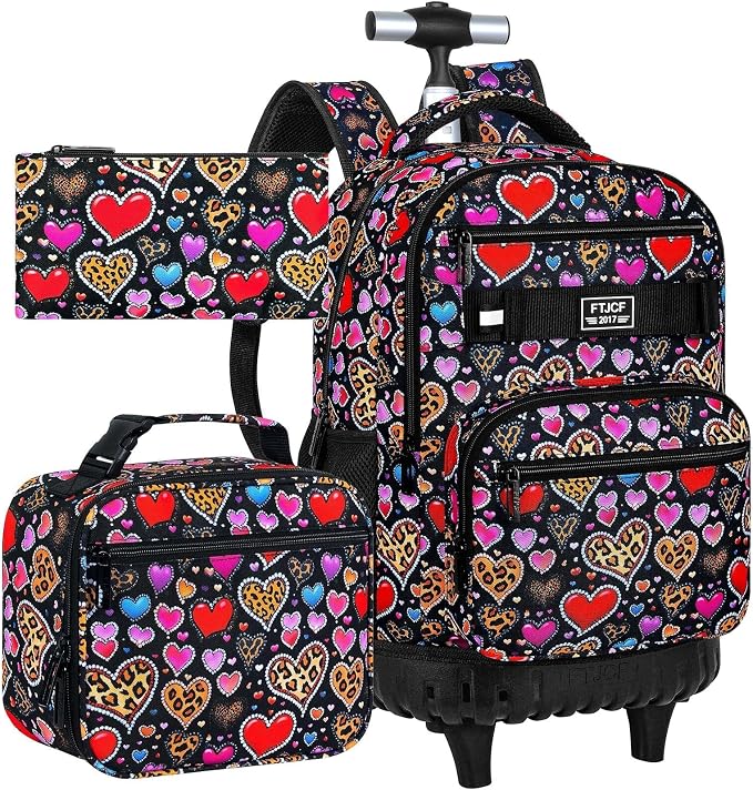 3Pcs Rolling Backpack for Girls, 19 Inche Women Roller Bag with Wheels for Adults, Wheeled Bookbag with Lunch Box(Brown) by FTJCF