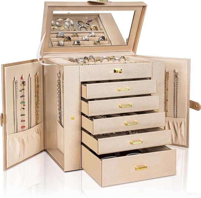 AKOZLIN 6-Tier Jewelry Box Organizer Functional 5 Drawers Leather Jewelry Storage Case for Women Girls Ring Necklace Earring Bracelet Holder Organizer with Mirror Extra Large Champagne by AKOZLIN