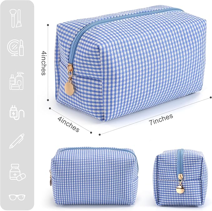 Makeup Bag Set for Women, 4PCS Travel Cosmetic Bags Pencil Case, Checkered Seersucker Toiletry Organizer Pouches, Cute Makeup Pouch for Purse, Accessories and Gifts, Blue Gingham - Image 3
