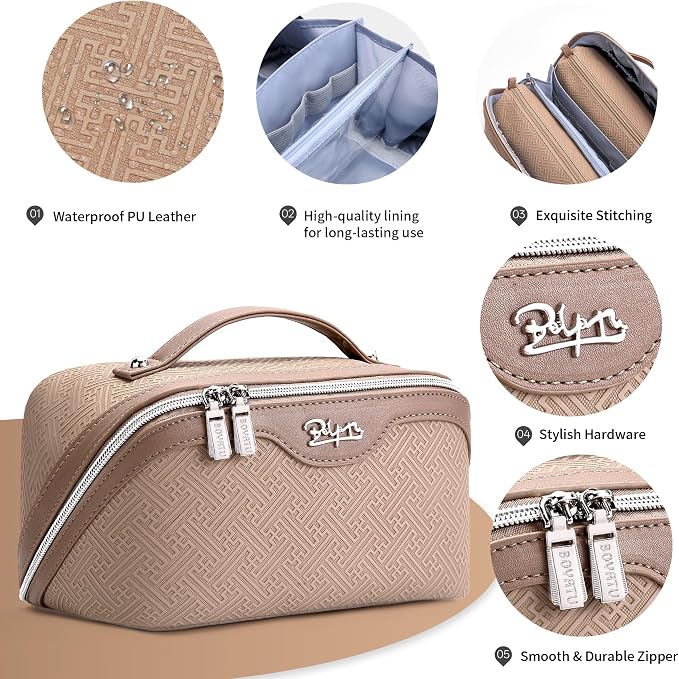 BOYATU Travel Makeup Bags for Women: Vintage Roman Column Texture | Each Journey, Quiet Luxury Serenity - 3 Pcs Set Large Capacity Cosmetic Bag Organizer Toiletry Purse(Beige) - Image 4
