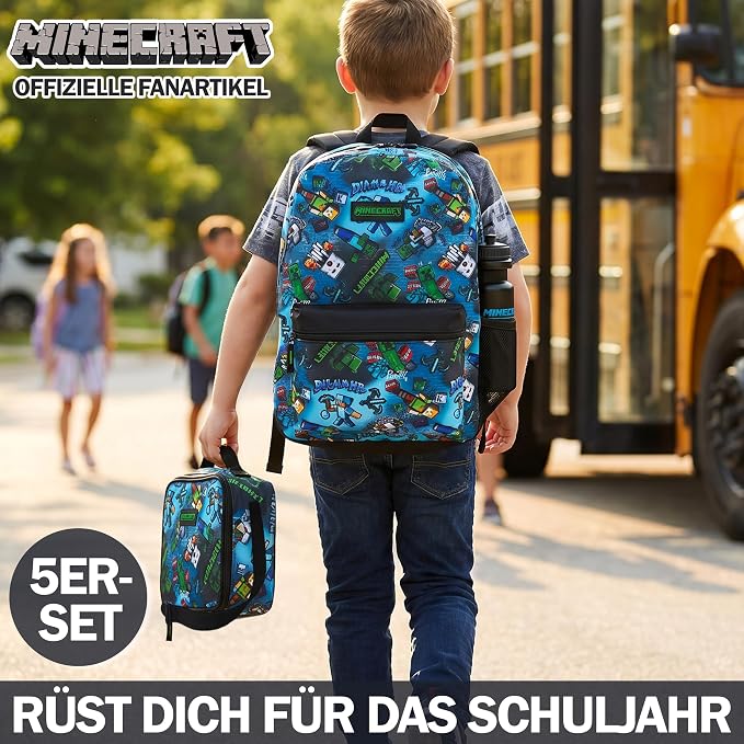 Get Trend Minecraft Kids Backpack Set for Boys with Insulated Lunch Bag, Water Bottle, Lanyard, & Charm, 5 Pc Book Bag with Padded Straps for School, Travel, Creeper Gamer Gifts (Multi Minecraft) - Image 4