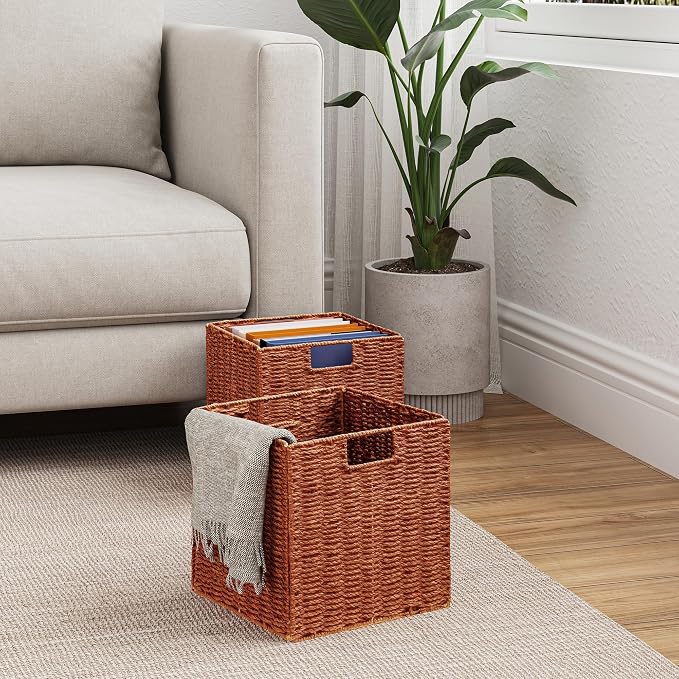 Vagusicc Wicker Storage Basket, Set of 2 Hand-Woven Paper Rope Wicker Basket, Foldable Cube Storage Bins, Square Large Storage Baskets for Organizing Shelves & Decor, Orange (13″×13″×13″) - Image 5