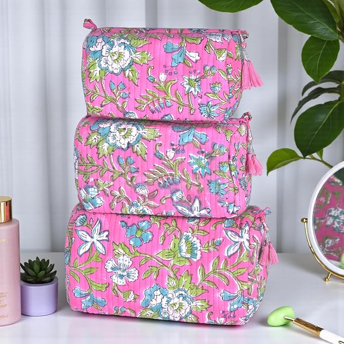 Quilted Floral Block Print Makeup Bag Set of 3 – Cotton Travel Toiletry and Makeup Organizer, Cosmetic Pouch, Toiletry Bag for Women, Cute Boho Coquette Make Up Bags for Women (Small, Medium, Large) - Image 7