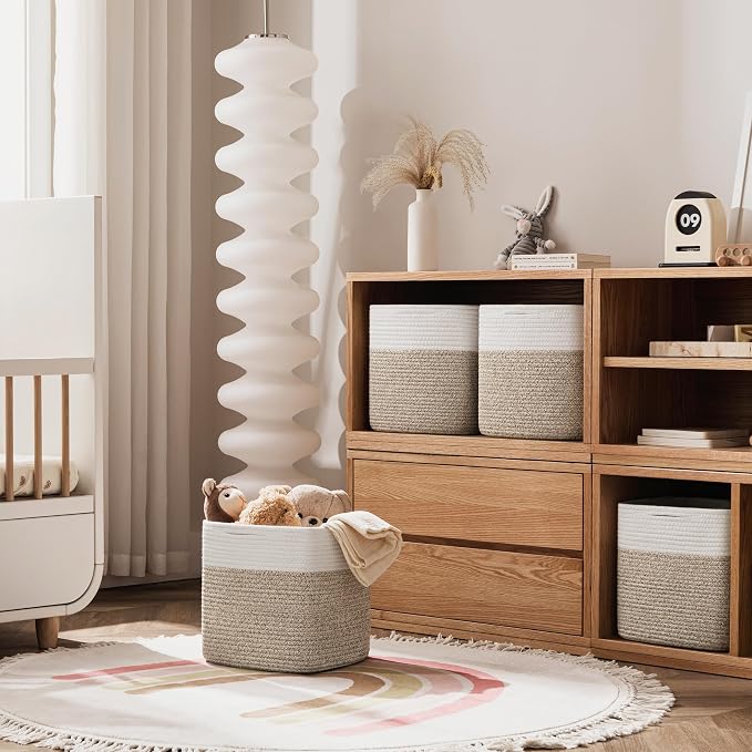 joybest 13x13x13 Inch Cube Storage Bins Set of 4, Cotton Rope Woven Organizer Basket for Shelves, Cube Bin Square Shelves Organizer Closet Storage, Nursery, Toy Organization, Brown&White - Image 6