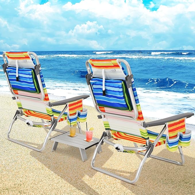 Giantex Folding Beach Chair, Patio Sling Chairs with 5 Adjustable Position, Head Pillow, Storage Bag, Towel Bar, Cup Holders, Backpack Chairs for Sunbathing, Camping Chair - Image 5