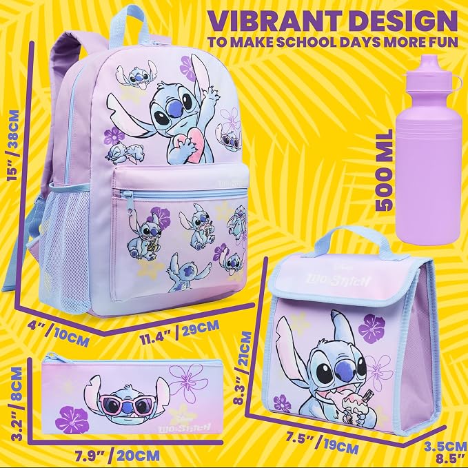 Disney Stitch Backpack Set 4 Pcs with Insulated Lunch Bag Water Bottle Pencil Case Gifts for Kids - Image 6