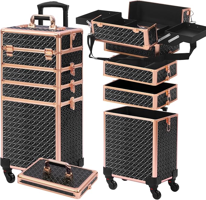 Somduy Rolling Makeup Case, Makeup Train Case with Lid, 5 in 1 Cosmetology Case on Wheels, Christmas Gift, Large Makeup Organizers, Profesional Cosmetic Case for Salon Barber, Black gold - Image 9
