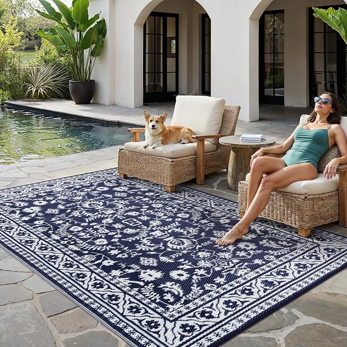 PureCozy Outdoor Waterproof 6x9 Plastic Straw Patio Rug Navy Blue Reversible for Outside Vintage Oriental Carpet Lightweight Large Rug for RV Deck Beach Balcony Picnic Backyard Entry Porch - Image 2