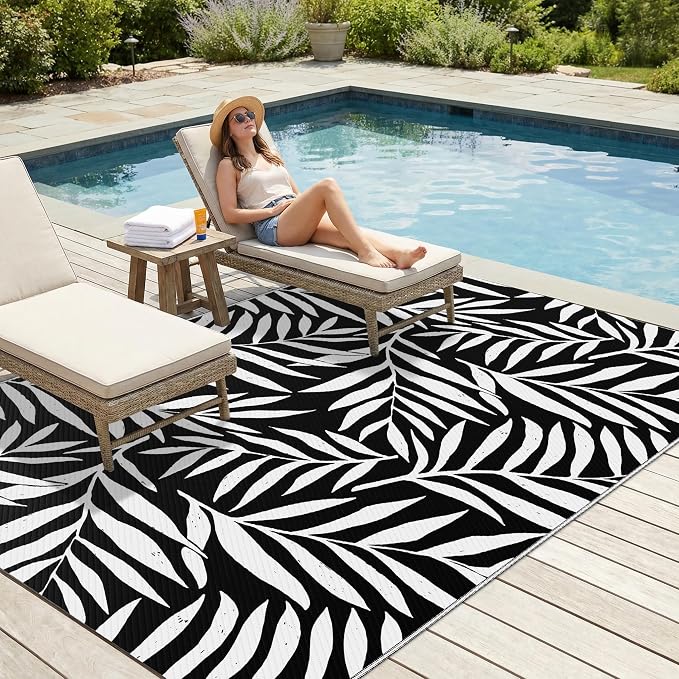 Smiry Outdoor Rug 5x8 ft, Waterproof Reversible Plastic Straw Rugs, Outdoor Area Rug with Leaf Pattern, Outside Floor Mat for Patio, Backyard, Deck, Picnic, Beach, Camping, Black & White - Image 3