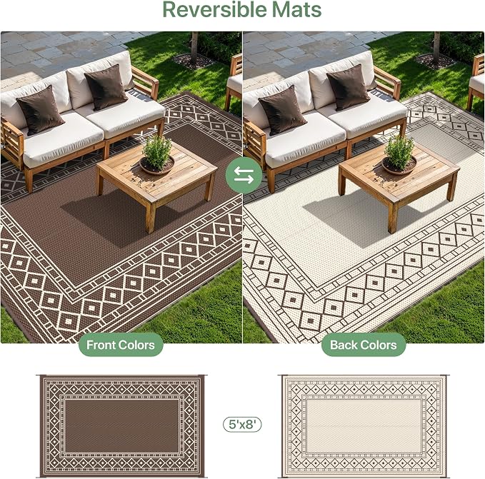 GENIMO Outdoor Rug, Waterproof Plastic Rugs for Patio, 5'x8' Coffee Beige | Outside Larger Modern Carpet Mat for Porch Decor, Deck, Balcony, Camping, RV, Backyard, Picnic, Beach, Reversible - Image 4