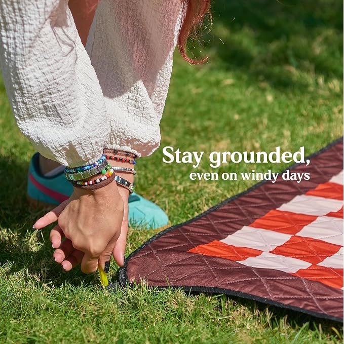 Cozy Club Waterproof Picnic Blanket – Foldable Outdoor Mat 60x70 with Stakes, Pocket & Shoulder Strap | Sandproof Beach Blanket for Festivals, Camping & Travel | Self-Packing | Terracotta | US Brand - Image 7