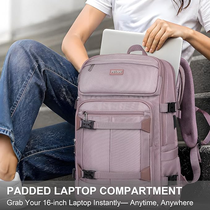 PIJUSHI Casual Travel Backpack for Women with 16" Padded Laptop Compartment | Carry On Luggage with USB Charging Port, 1680D Water-Resistant Nylon, Airline Approved, For Daily, Hiking - Image 4
