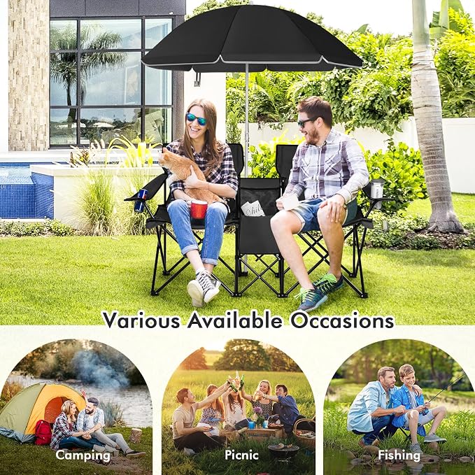 Goplus Double Camping Chair with Umbrella, Folding Loveseat Chairs w/Canopy Shade, Carrying Bag, Table, Cup Holder, Portable Beach Chairs Outdoor Picnic Patio (Black) - Image 8
