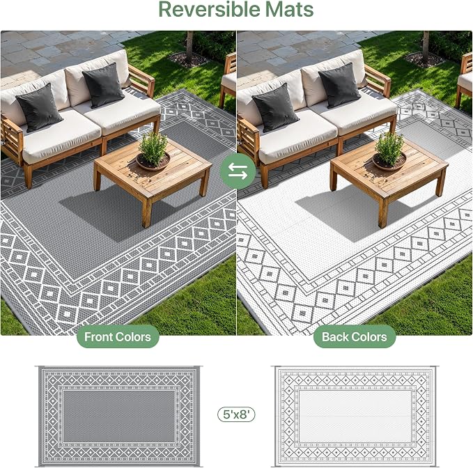 GENIMO Outdoor Rug, Waterproof Plastic Rugs for Patio, 5'x8' Grey White | Outside Larger Modern Carpet Mat for Porch Decor, Deck, Balcony, Camping, RV, Backyard, Picnic, Beach, Reversible - Image 4