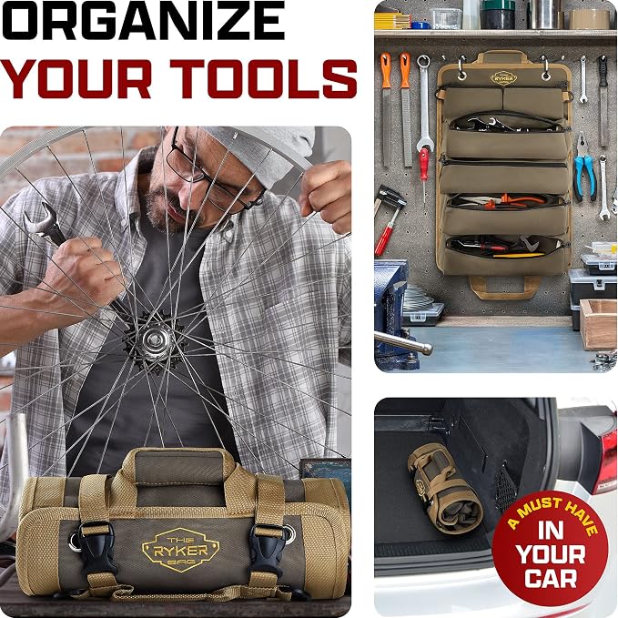 Ryker Heavy Duty Roll Up Tool Bag Organizer w/Detachable Pouches, Khaki | Tool Roll Up Bag Tool Box Organization. Portable Truck & Motorcycle accessories. Rollup Tools Bags for Mechanic & Electrician - Image 8