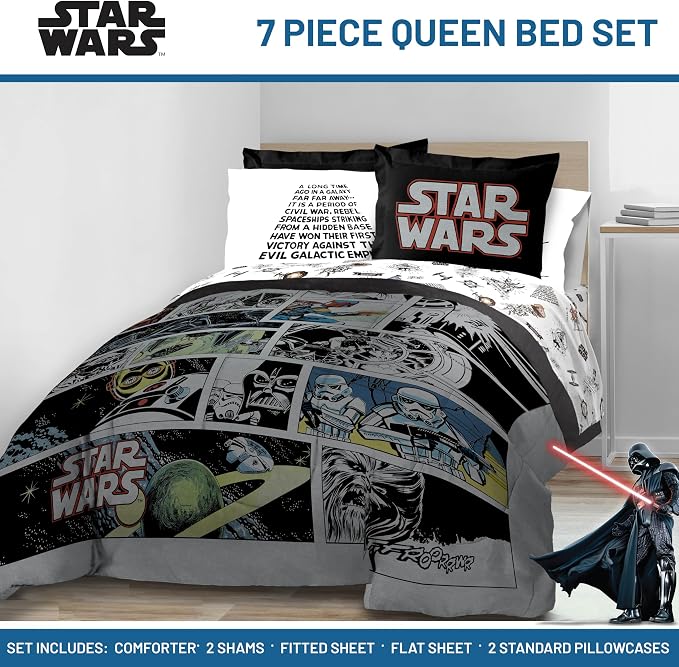 Star Wars Queen Comforter Set 7 Piece Soft Bedding for Boys, Multi | Darth Vader Yoda, Bed in a Bag, Comforter Sheets Shams Pillowcases, Soft Microfiber, Machine Washable, Boys Gift - Image 2