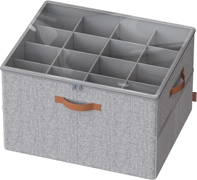 SONGMICS Shoe Organizer for Closet, Shoe Storage Bin, Fits 16 Pairs, Fabric Container with Handles and Clear Cover, Adjustable Dividers, Customizable, Dove Gray ULSP555G01 by Unknown