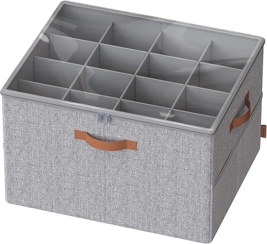 SONGMICS Shoe Organizer for Closet, Shoe Storage Bin, Fits 16 Pairs, Fabric Container with Handles and Clear Cover, Adjustable Dividers, Customizable, Dove Gray ULSP555G01 by Unknown