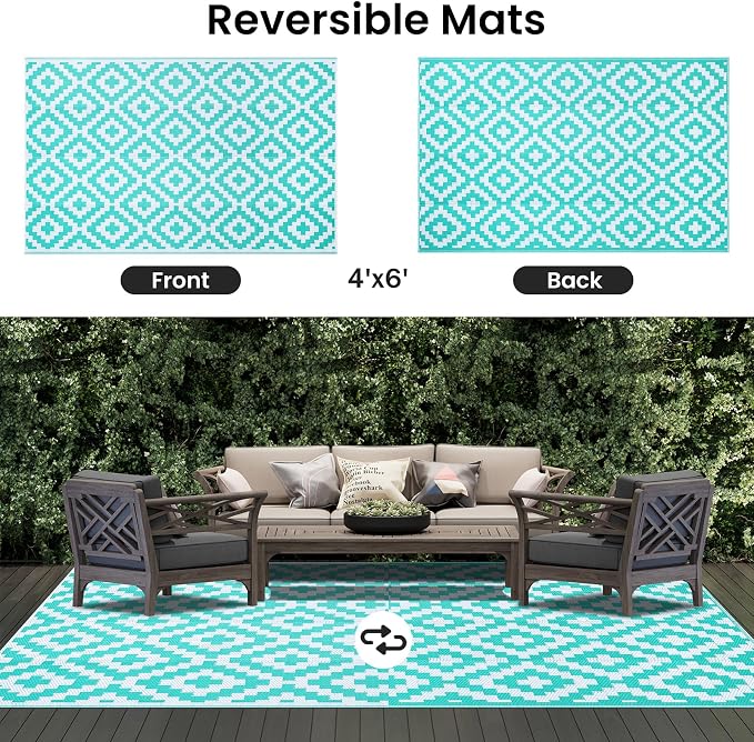 Smiry Waterproof Outdoor Rug 4x6 ft, Reversible Plastic Straw Patio Camping Rugs, Outdoor Indoor RV Mat Carpet for Patio, Outside Entry, Backyard, Deck, Bench, Picnic, Camper, White & Teal - Image 3