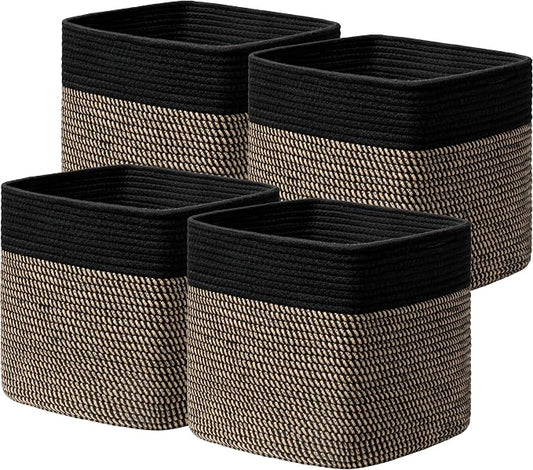 joybest 13x13x13 Inch Cube Storage Bins Set of 4, Cotton Rope Woven Organizer Basket for Shelves, Cube Bin Square Shelves Organizer Closet Storage, Nursery, Toy Organization, Black&Dark Brown by joybest