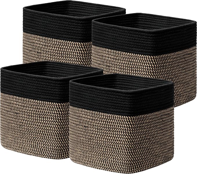 joybest 13x13x13 Inch Cube Storage Bins Set of 4, Cotton Rope Woven Organizer Basket for Shelves, Cube Bin Square Shelves Organizer Closet Storage, Nursery, Toy Organization, Black&Dark Brown by joybest