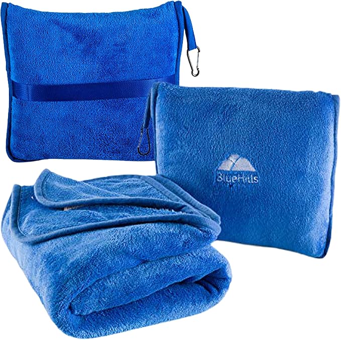 BlueHills Premium Soft Travel Blanket Pillow Plush Airplane, Car Royal Blue | Must Have Airplane Essentials, Luggage Belt & Carabiner, Matching Soft Case, 2 in 1 Travel Blanket Pillow Combo, Travel Gift by BlueHills