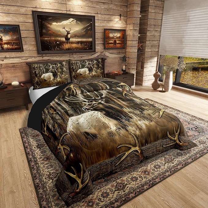 Erosebridal Rustic Deer Comforter Set for Cabin Lodge Vintage Elk Moose Antlers Bedding Set Full Size Farmhouse Woodland Quilt Hunting Animal Duvet Insert with 2 Pillowcases Home Room Decor - Image 2