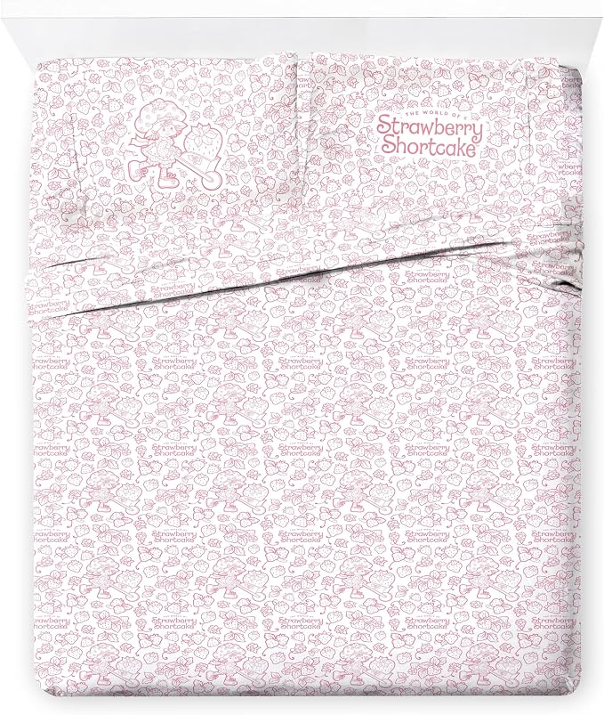Jay Franco Kids Sheet Set with Fitted, Flat Sheets & Pillow Cover - Ultra-Soft Bedding with Pillowcase for Room Decor, Pink - Strawberry Shortcake, 4 Piece Queen by JayFranco