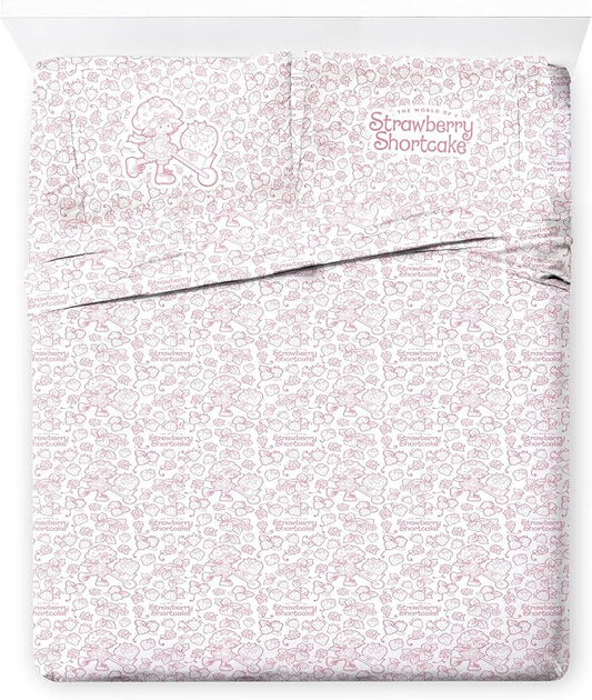Jay Franco Kids Sheet Set with Fitted, Flat Sheets & Pillow Cover - Ultra-Soft Bedding with Pillowcase for Room Decor, Pink - Strawberry Shortcake, 4 Piece Queen by JayFranco