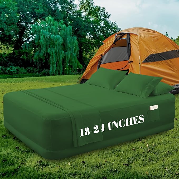 Mocassi 4-Piece Extra Deep Pocket 16-24 Inch Air Mattress Bed Sheet Set- 4PC Sheet Set with Smart Pockets Ideal for Air Beds, RVs, Camping and Guest Rooms Premium Hotel Quality, King, Hunter Green - Image 6