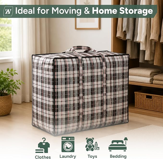 Extra Large Laundry Storage Checkered Shopping Bags 3 Pack, (60 x50 x25 cm) Strong and Durable Waterproof Moving Totes Carrying Bag With Zipper, Cloth Storage Handle Attached Reusable Luggage Bags - Image 4