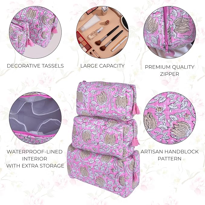 Quilted Floral Block Print Makeup Bag Set of 3 – Cotton Travel Toiletry and Makeup Organizer, Cosmetic Pouch, Toiletry Bag for Women, Cute Boho Coquette Make Up Bags for Women (Small, Medium, Large) - Image 4