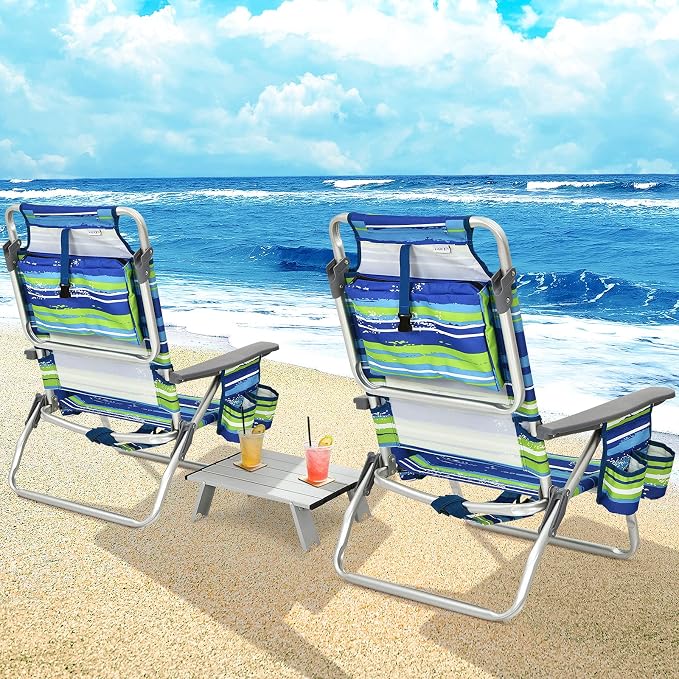 Giantex Folding Beach Chair, Patio Sling Chairs with 5 Adjustable Position, Head Pillow, Storage Bag, Towel Bar, Cup Holders, Backpack Chairs for Sunbathing, Camping Chair - Image 4