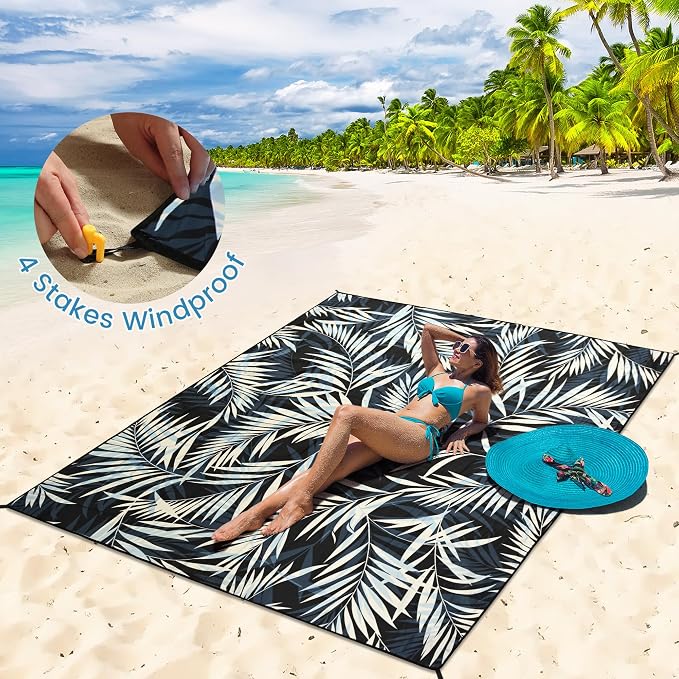 HIHOHO Beach Blanket Waterproof Sandproof Beach Mat 79”x 83” for 1-8 Adults Quick Drying Durable Outdoor Picnic Mat for Beach Festival Travel Camping Hiking (BK&W-Palm, 79"×83"(4 Person)) - Image 5