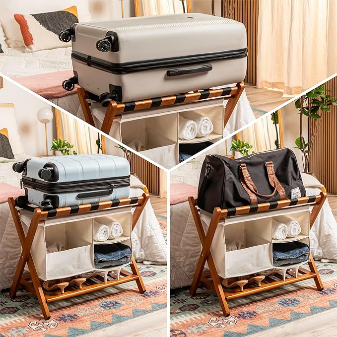 Fully Assembled Walnut Bamboo Folding Luggage Rack for Guest Room, 26.75" Folding Suitcase Stand with Removable Laundry Bag & Storage Shelf, Heavy Duty Foldable Luggage Stand for Bedrooms, Hotels, Airbnbs Holds 215lb - Image 4