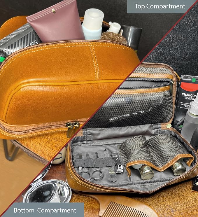 RUSTIC TOWN Leather Toiletry Bag - Waterproof Ditty Kit for Men and Women, Travel Organizer for Full-Size Essentials, TSA Approved - Image 3